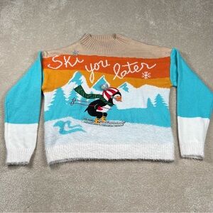 Ugly Sweater 3D Penguin Ski Major Label Group Soft Warm Mock Neck Junior's LG